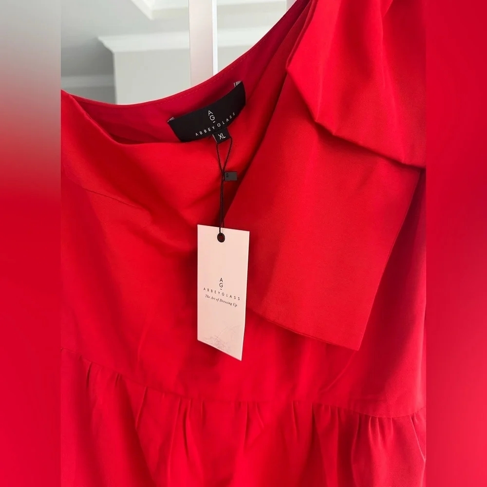 Abbey Glass Fiery Red One Shoulder Bow Accent Dress - Picture 6 of 8